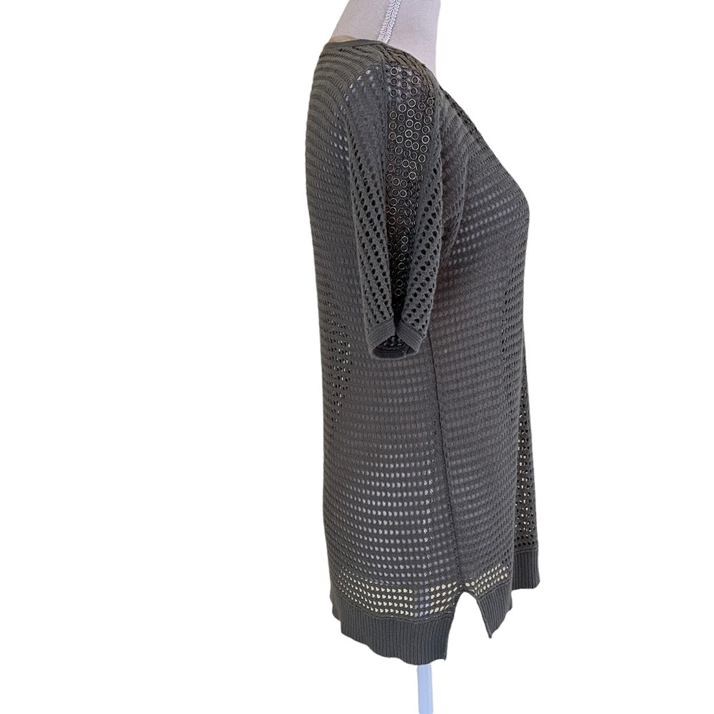 Chico's Olive Green Open Knit V-Neck Top with Metal Shoulder Detail - Picture 5 of 7